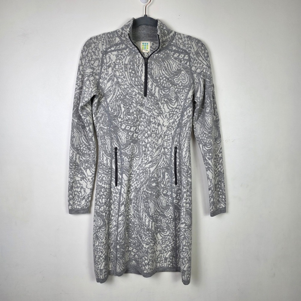 Title Nine Merino Wool Quarter Zip Sweater Dress Grey Paisley Pockets Small